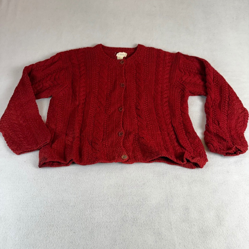 J.Crew Womens Red 100% Wool Cable Knit Button Front Cardigan Sweater Size S